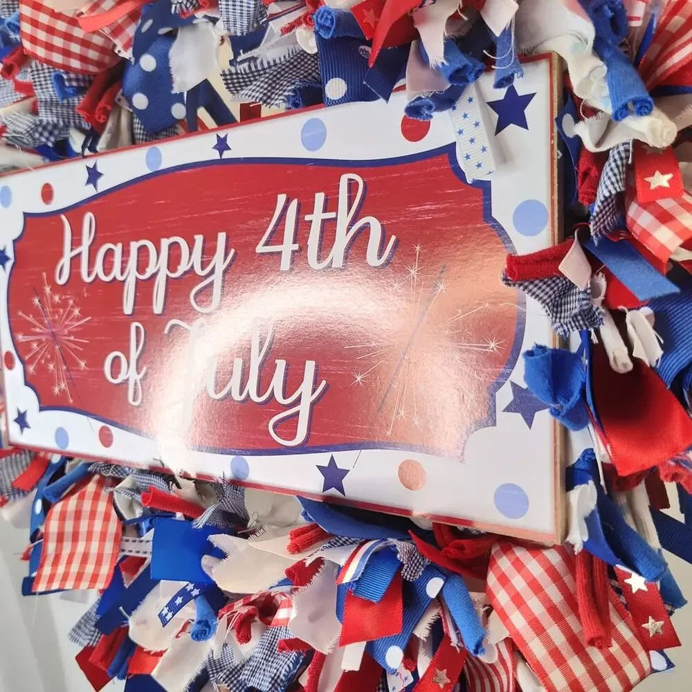 Happy 4th of July Handcrafted Rag & Ribbon Wreath, 16